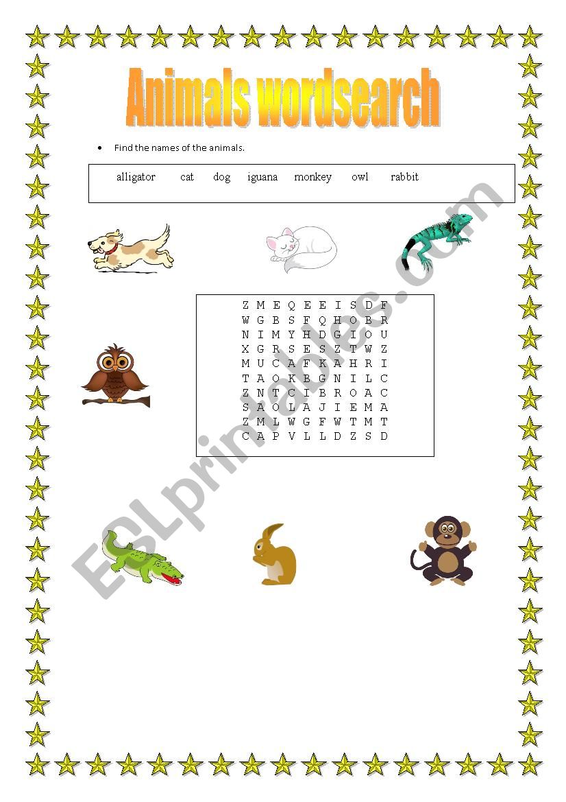 Animals wordsearch worksheet