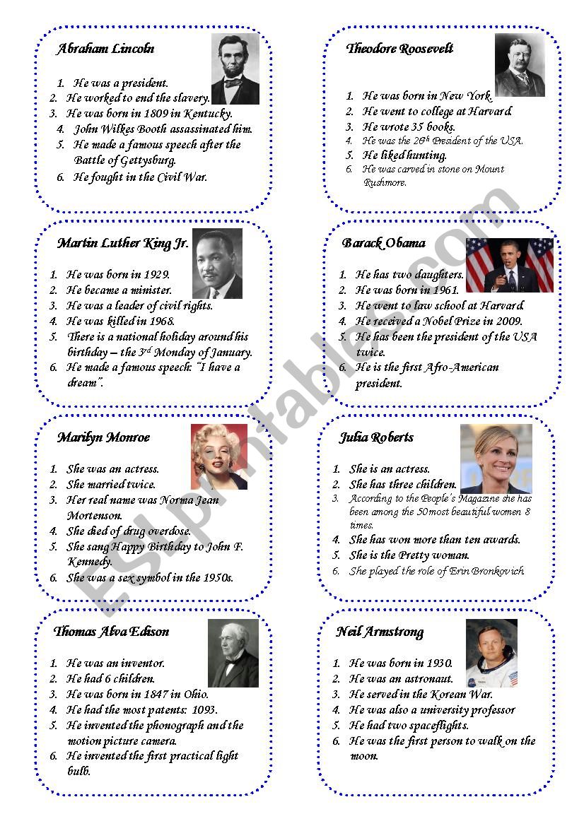 Famous Americans - gamecards worksheet