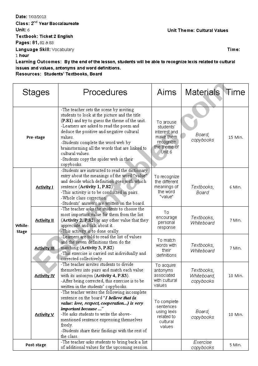 Cultural Values worksheet