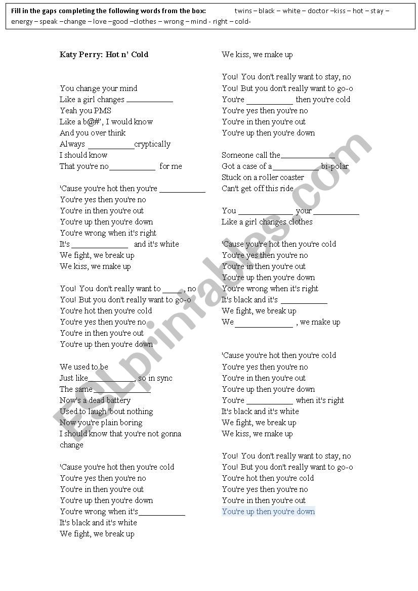 Katy Perry Hot n Cold worksheet