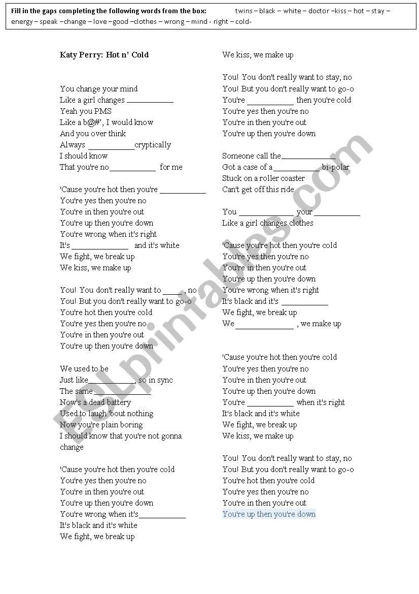 Katy Perry Hot nÂ´ Cold worksheet