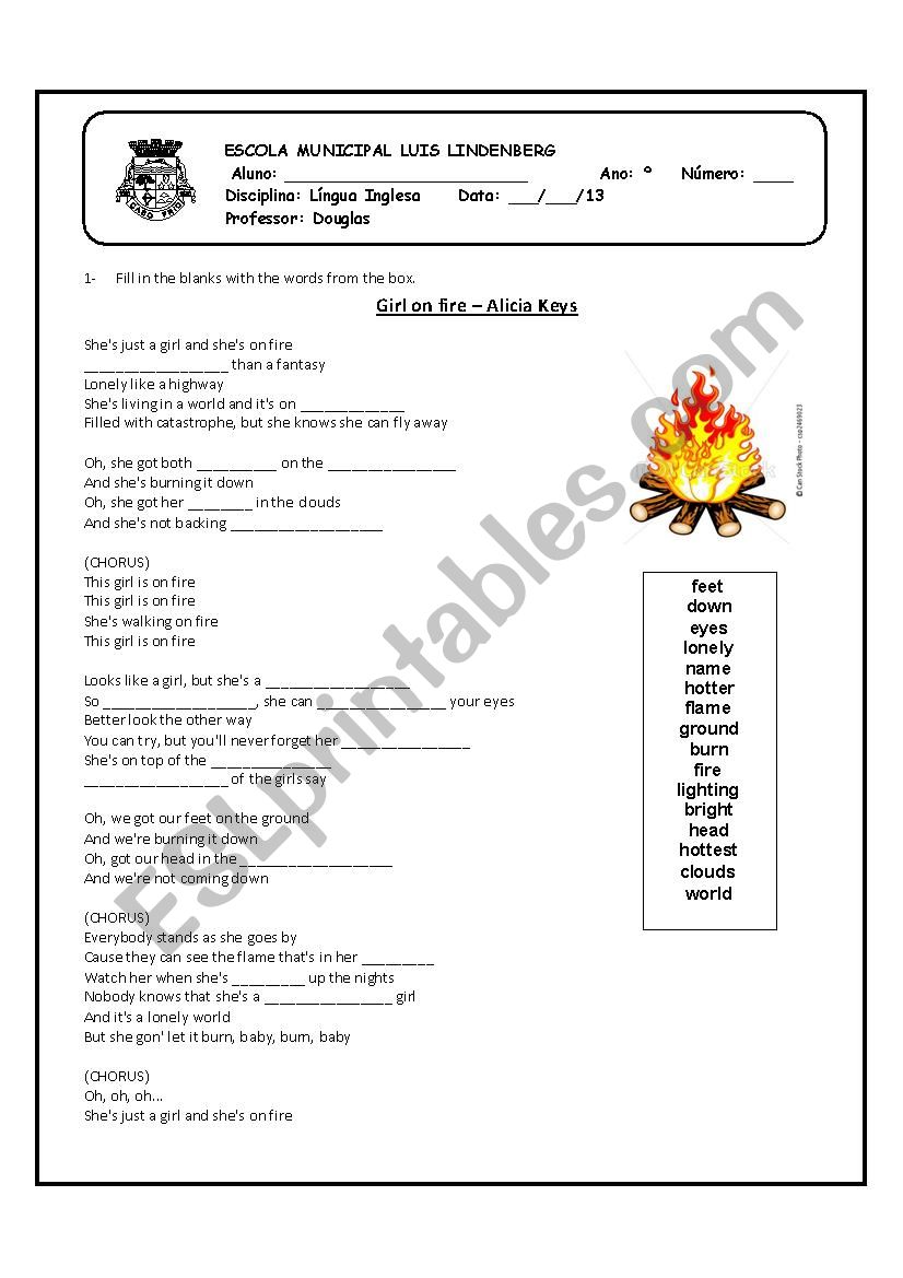 Girl on fire worksheet