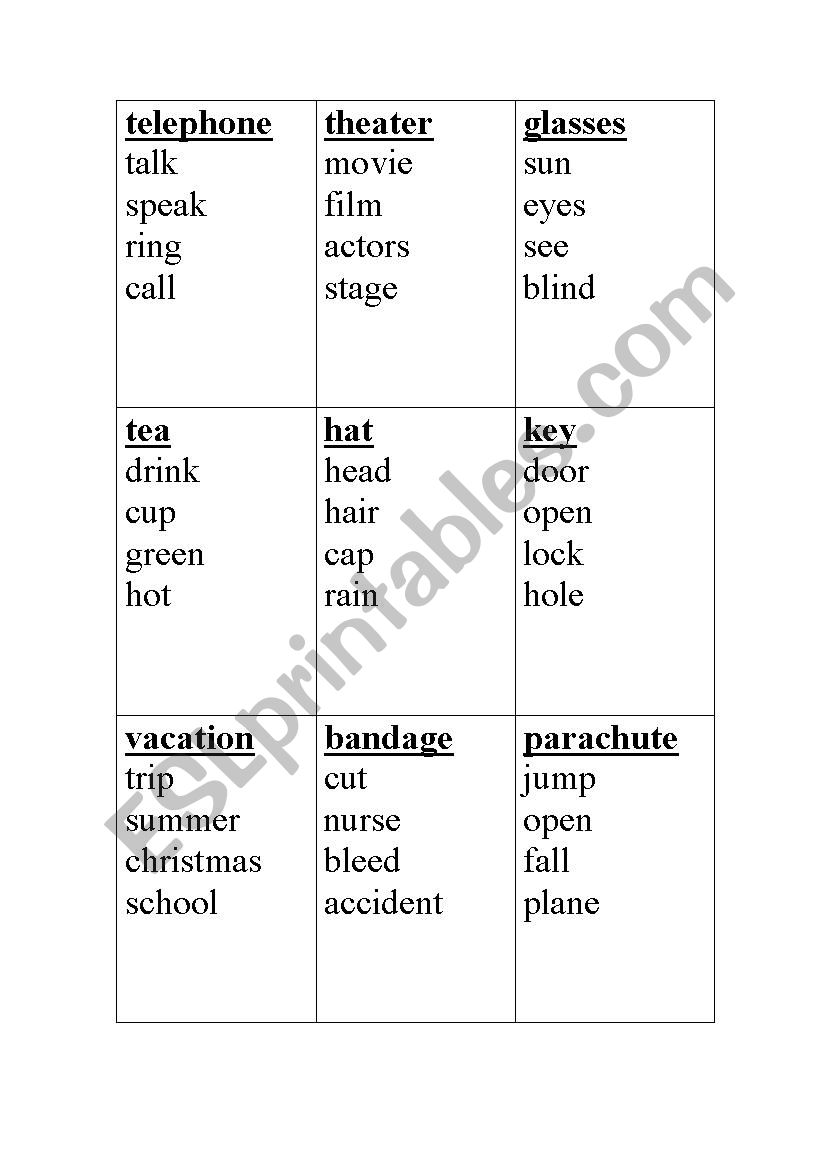 Taboo Cards worksheet