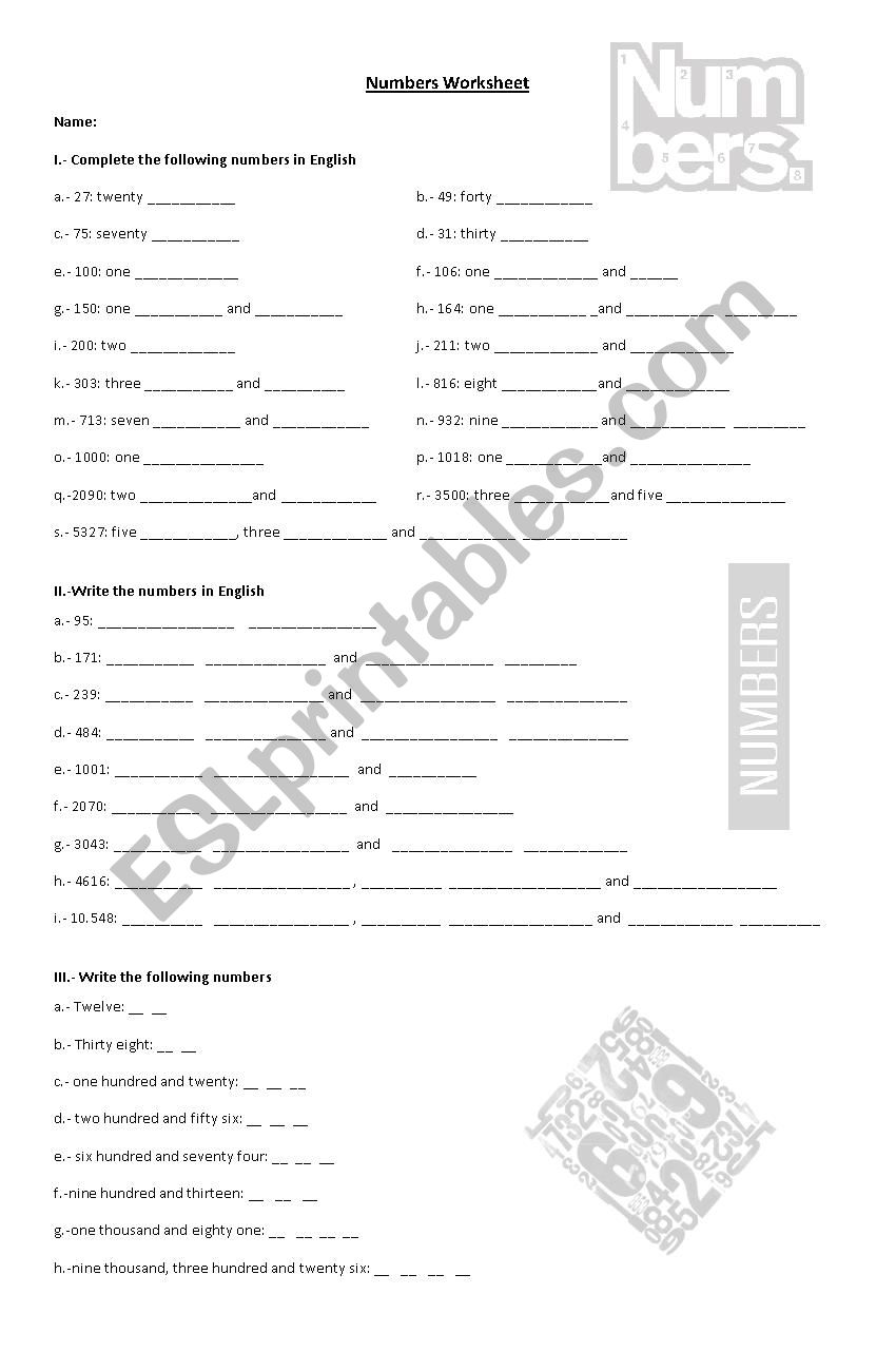 Numbers  worksheet