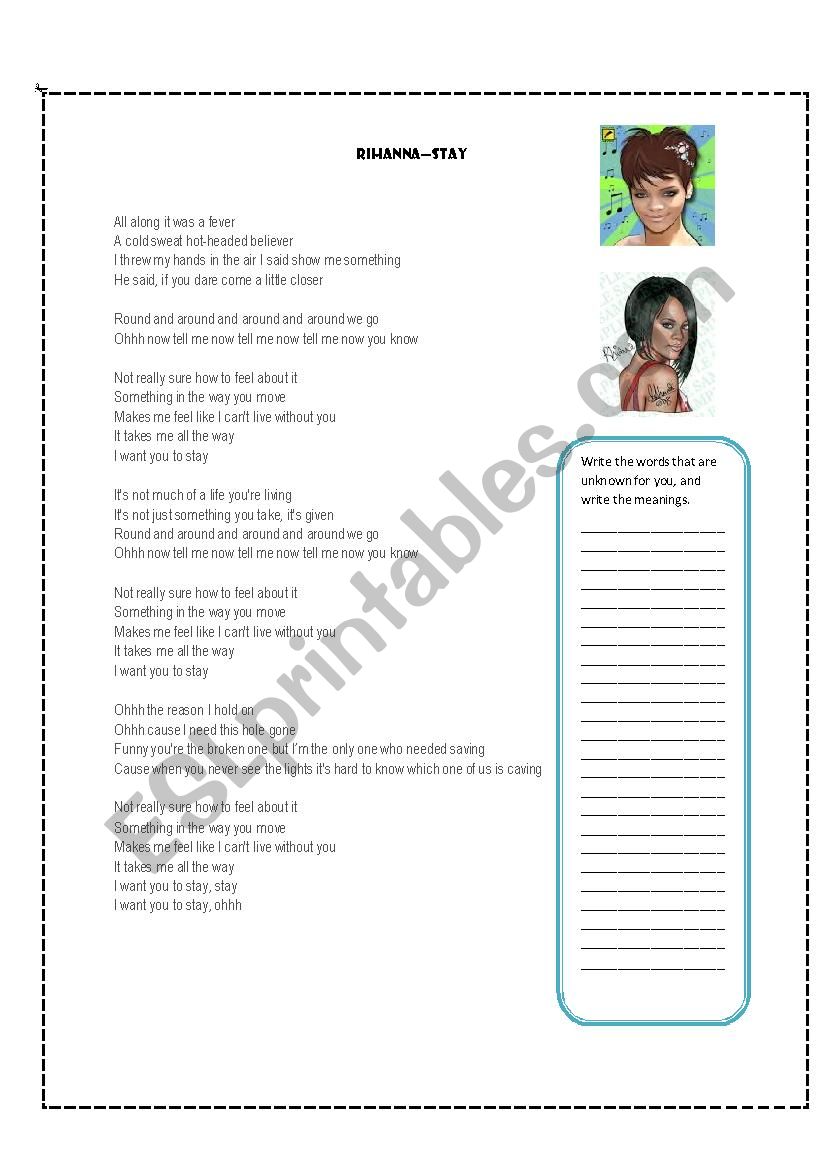 SONG RIHANNA STAY worksheet