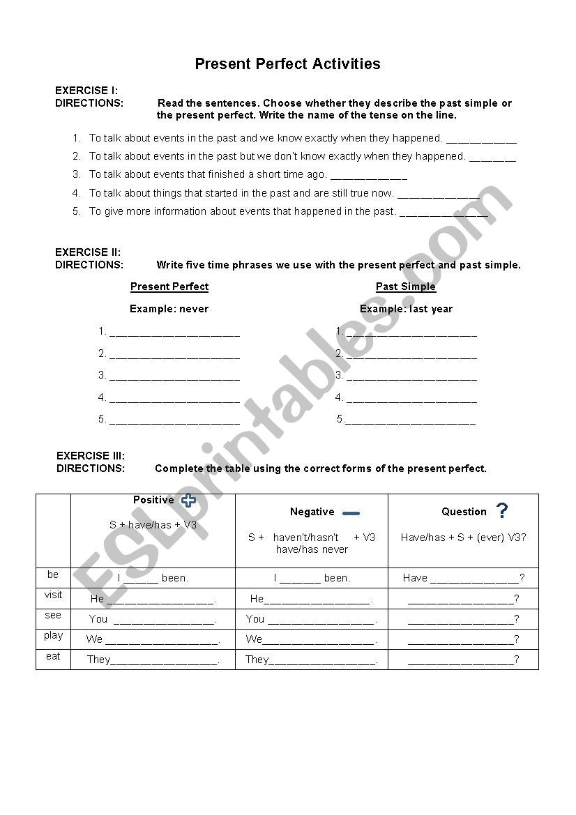 Present Perfect activities A2 level