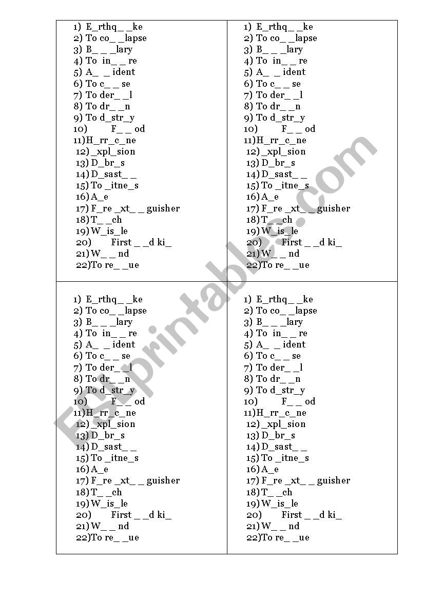 Disasters and accidents worksheet