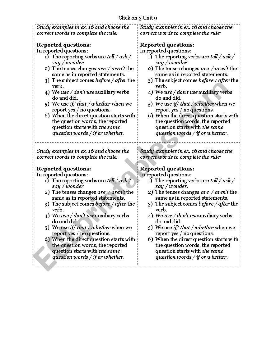 Reported questions worksheet