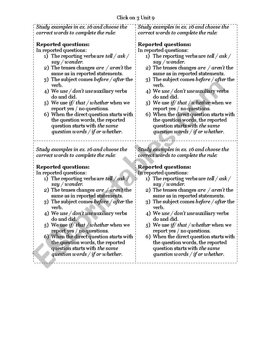 Reported questions worksheet