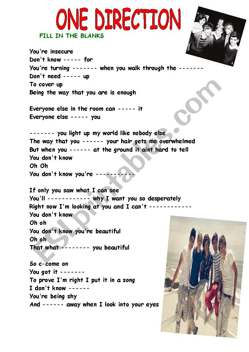 one direction song worksheet