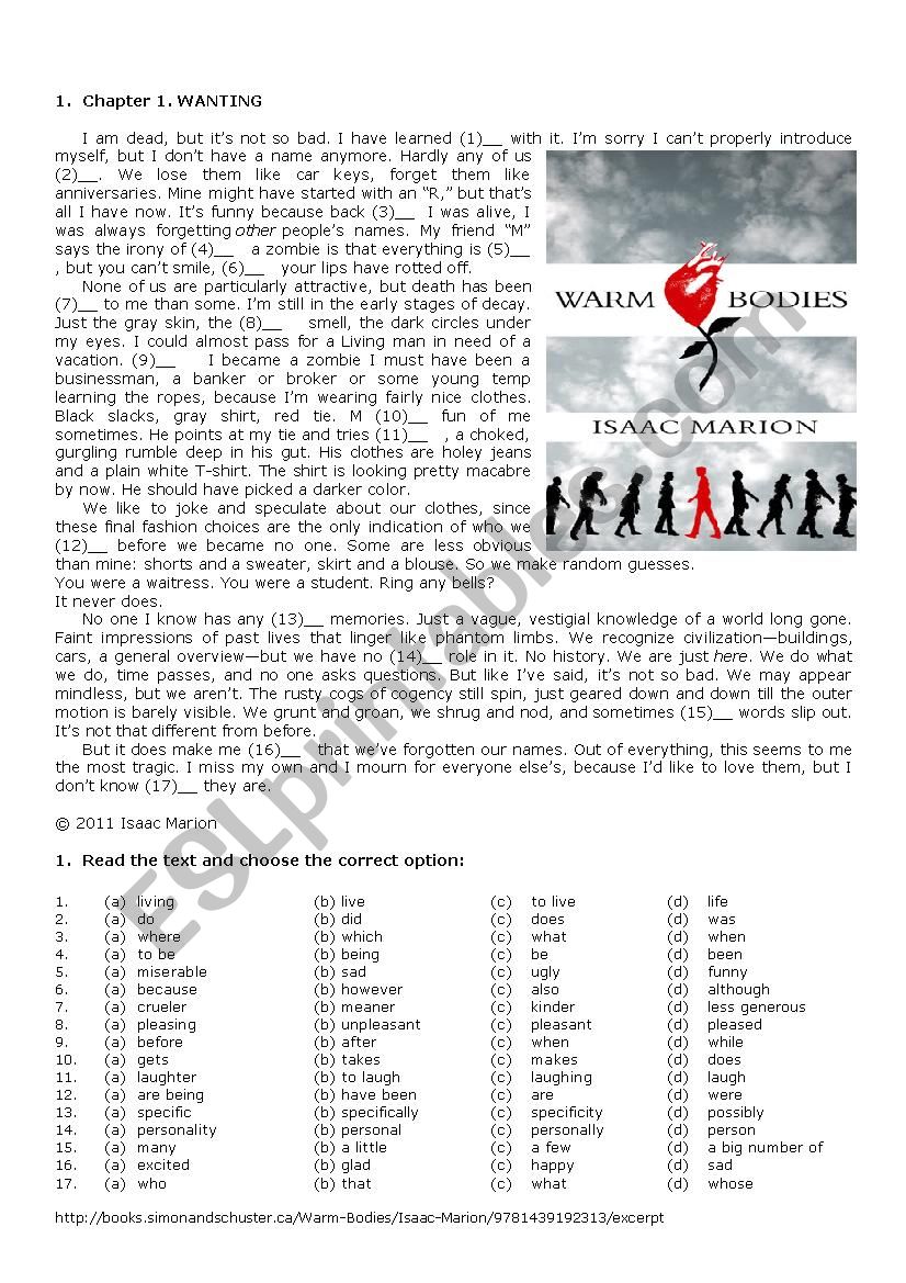 Warm Bodies by Isaac Marion   worksheet