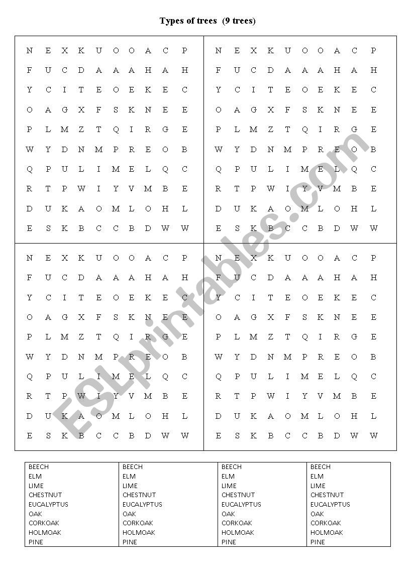 Types of Trees_Word Search worksheet