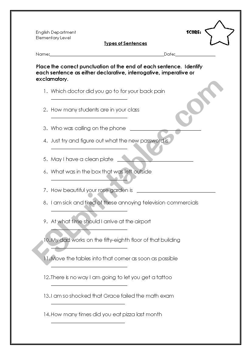 Kinds Of Sentences Worksheet