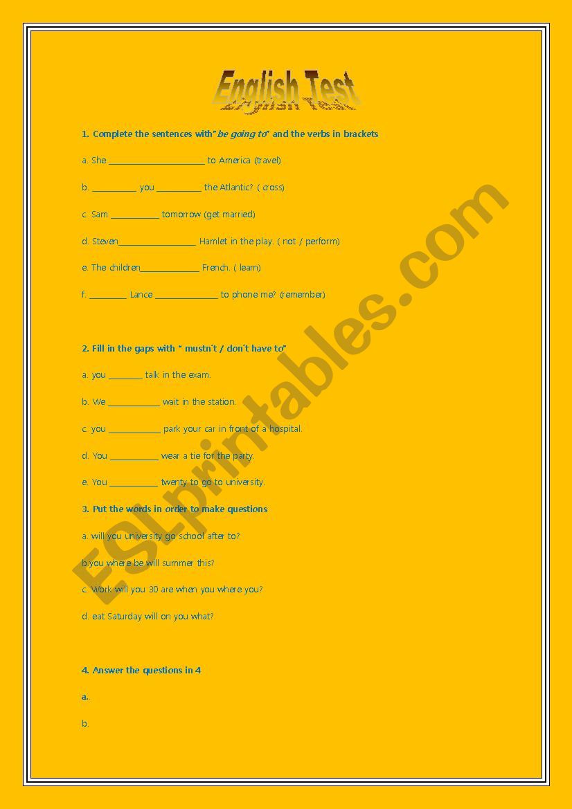 English Grammar test worksheet