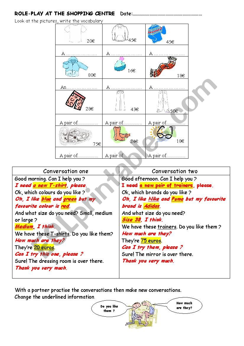 Clothes shopping pair work worksheet