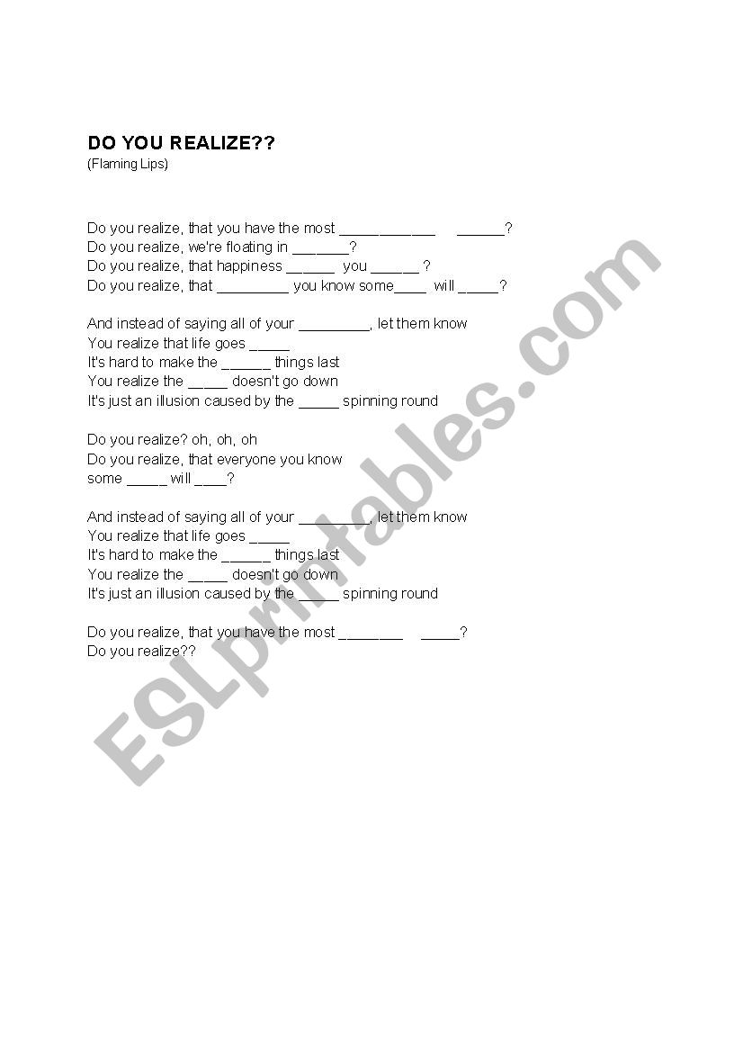 Do you realize?? (song) worksheet