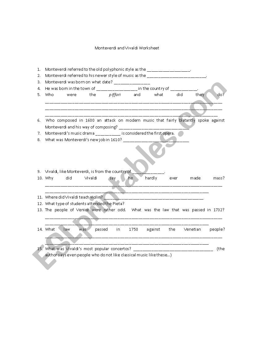 Monteverdi & Vivaldi Worksheet to accompany, 