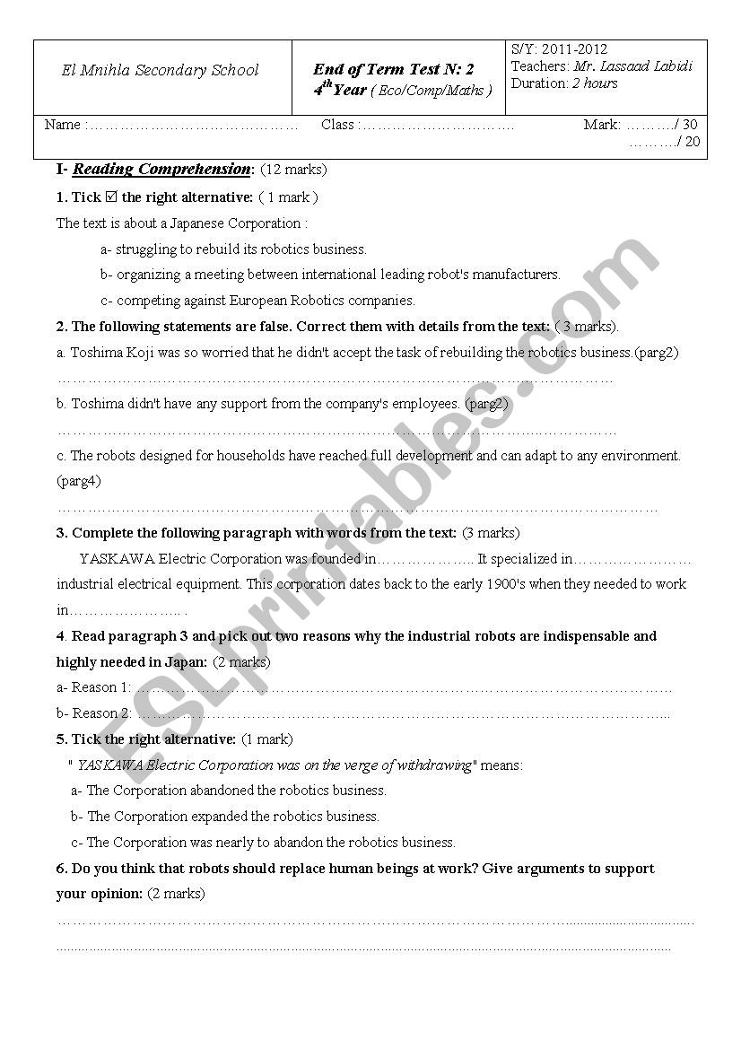 4th level End of Term Test worksheet