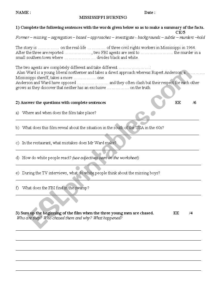 MIssissippi Burning - test  worksheet