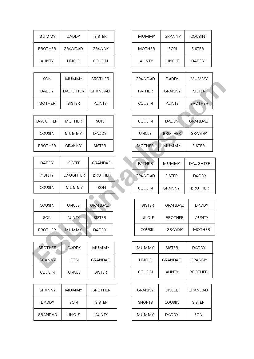 Bingo Family worksheet