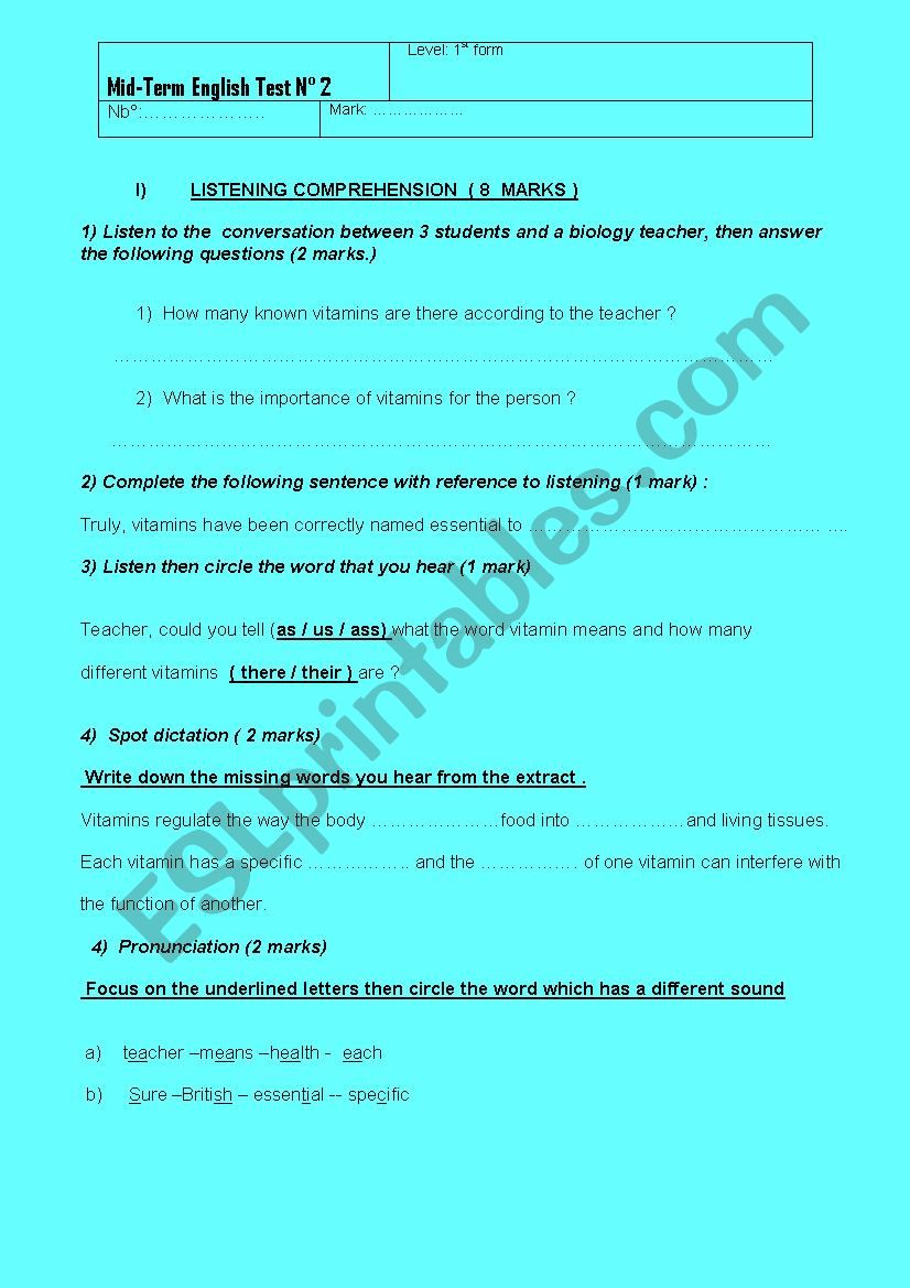mid term 2 test first form worksheet