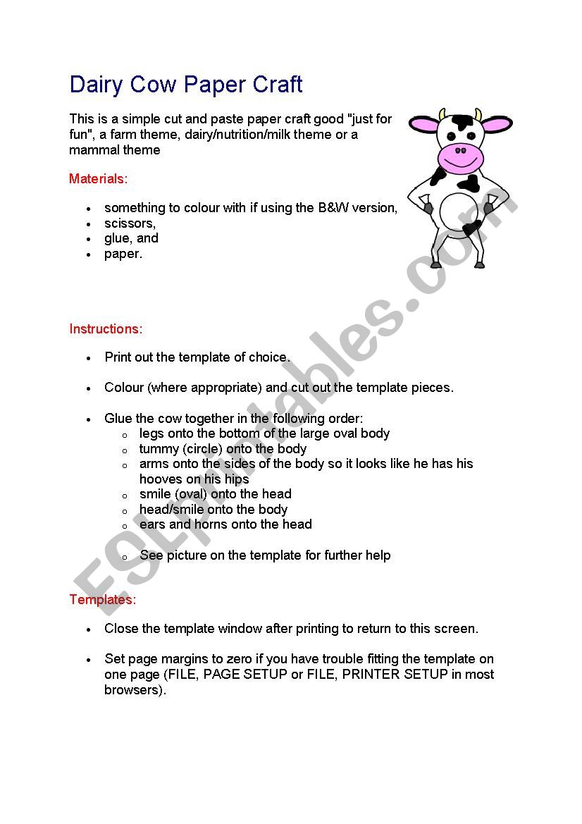 Dairy Cow Craft worksheet