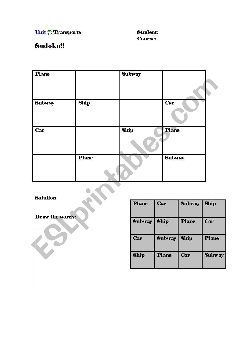 Transports sudoku worksheet