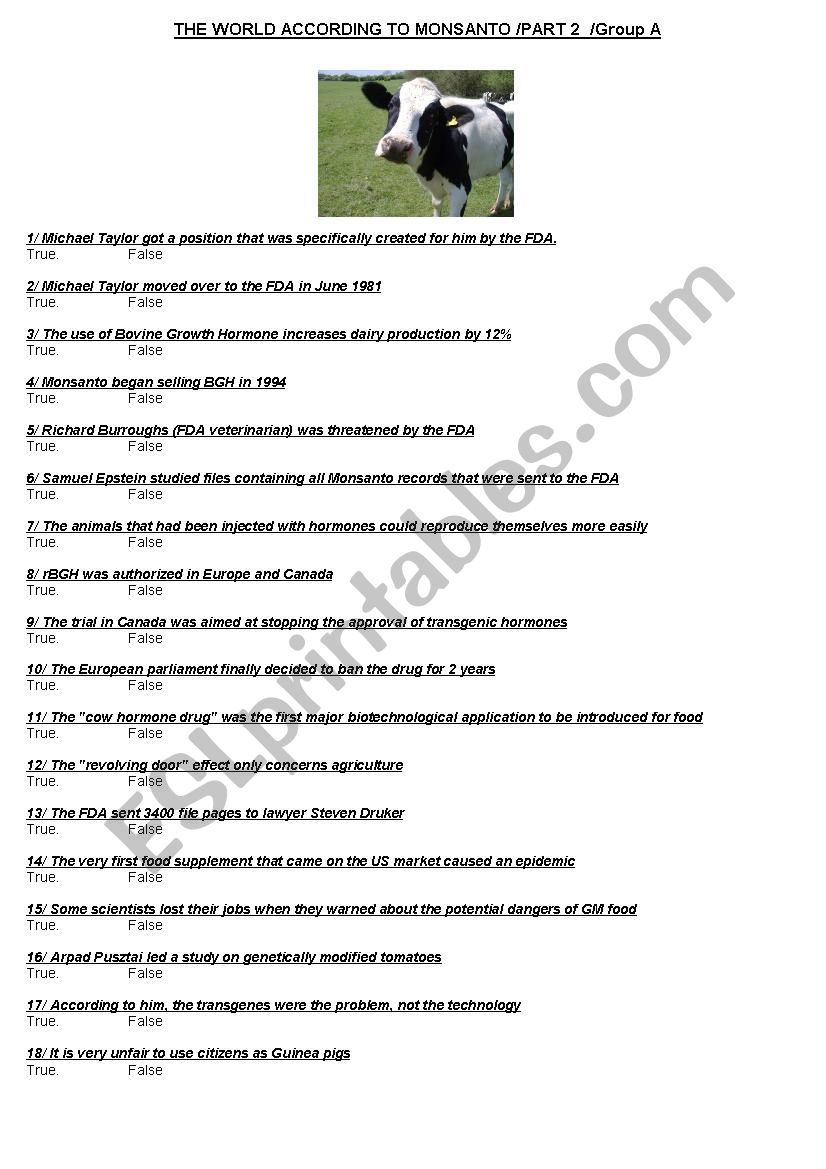 The World According to Monsanto Worksheet Part 2 Group A