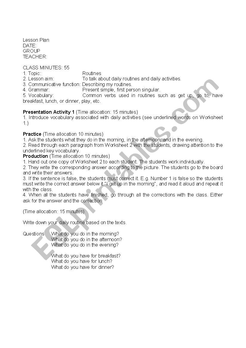 Lesson Plan Routines worksheet