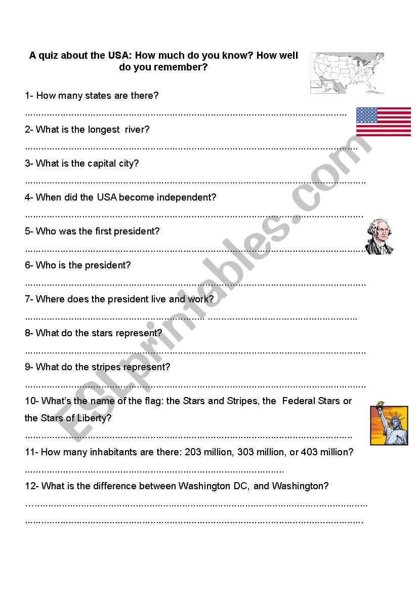 Quiz about the USA worksheet