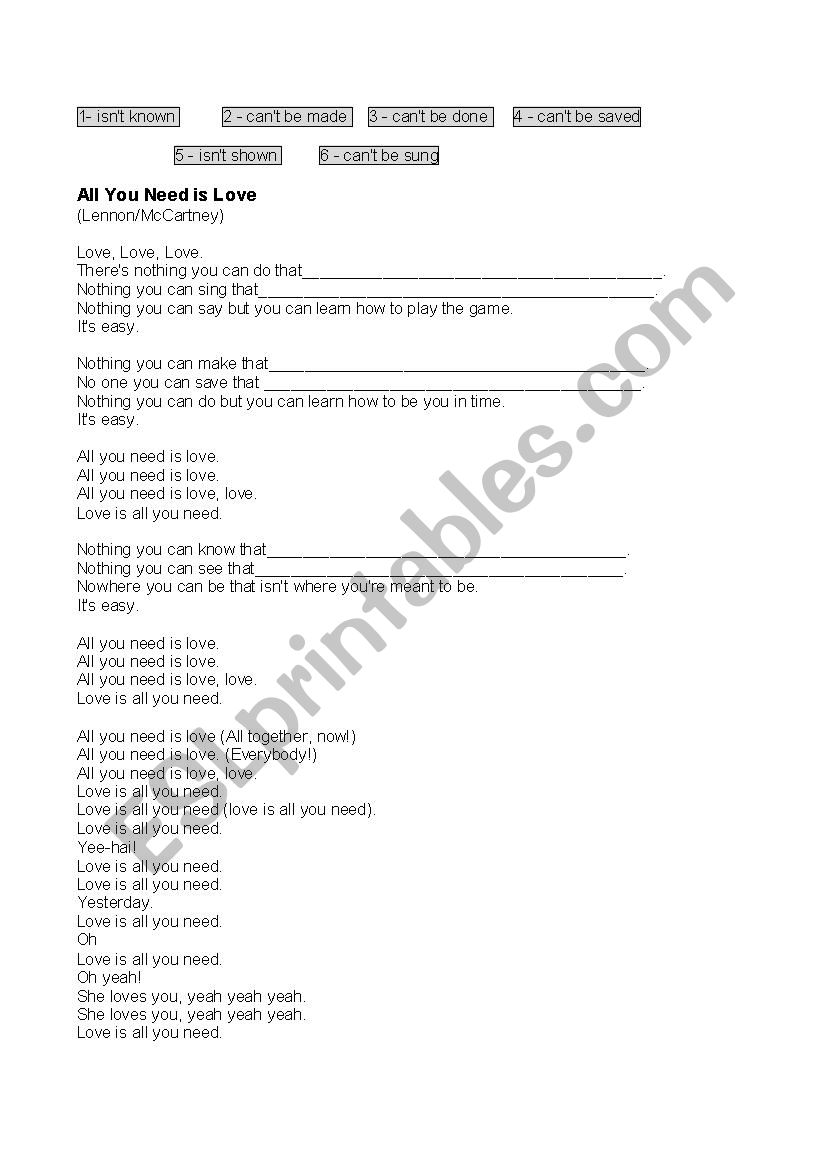 All You Need Is Love worksheet