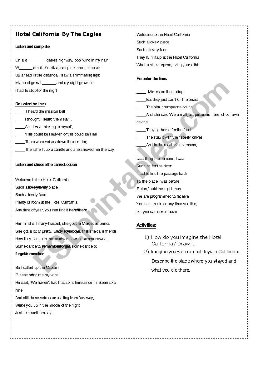 song hotel california worksheet