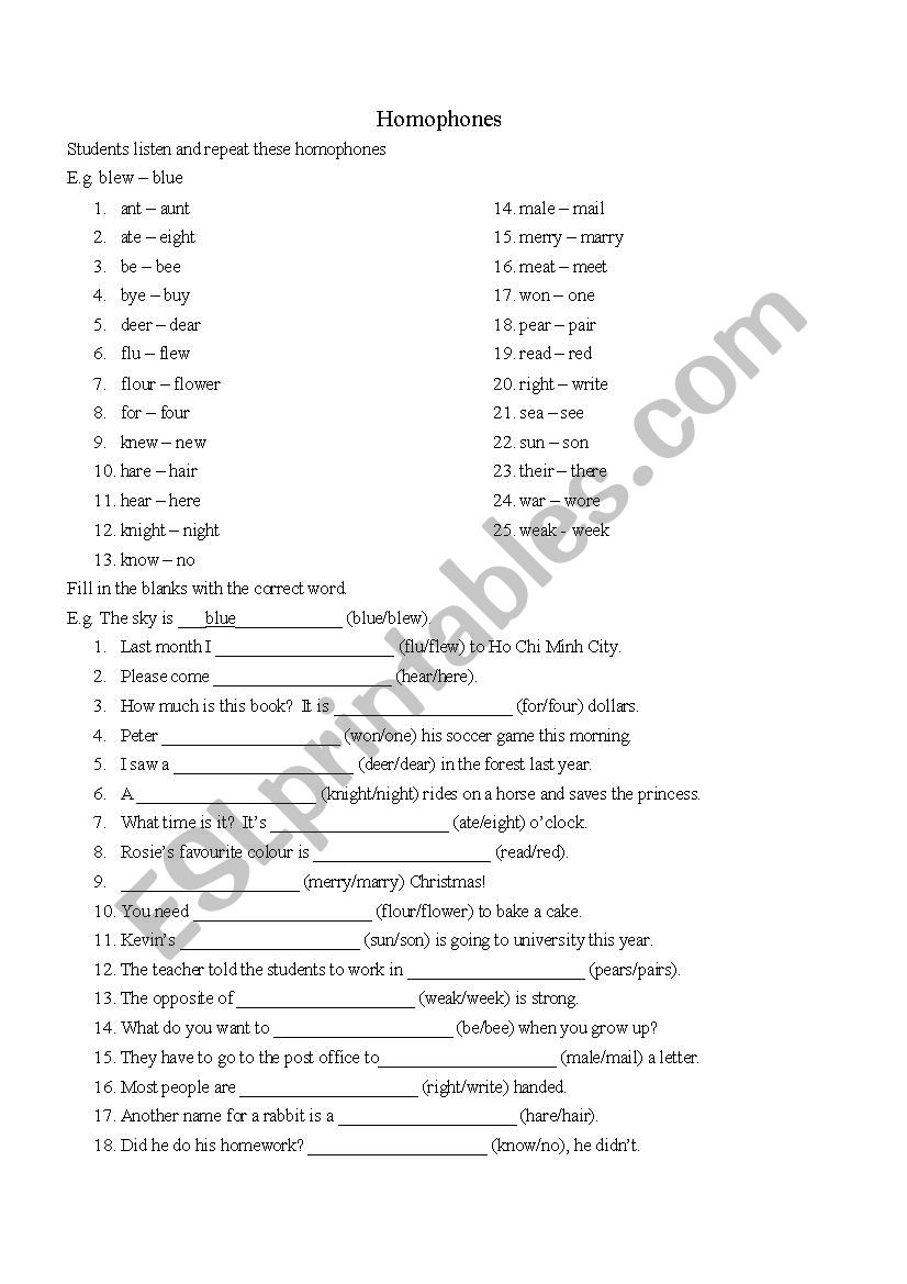 Homophones Cloze Exercise worksheet