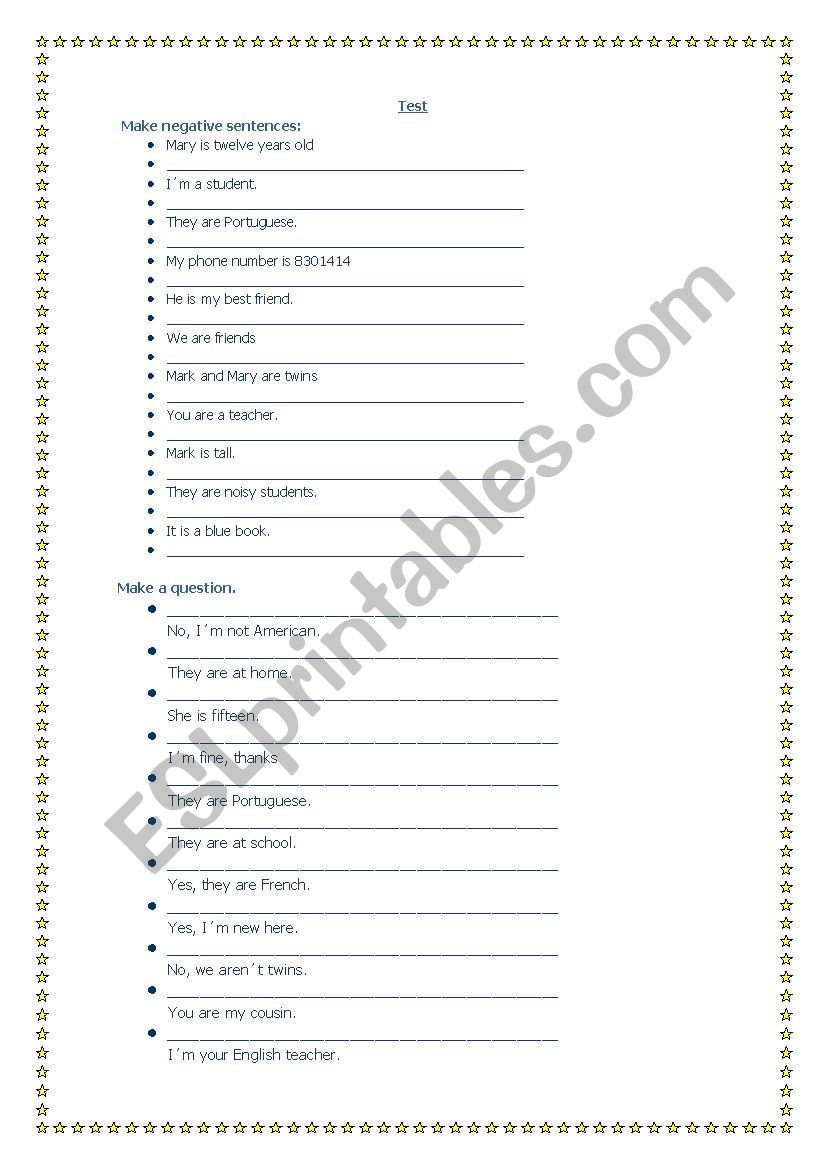 test for verb to be  worksheet