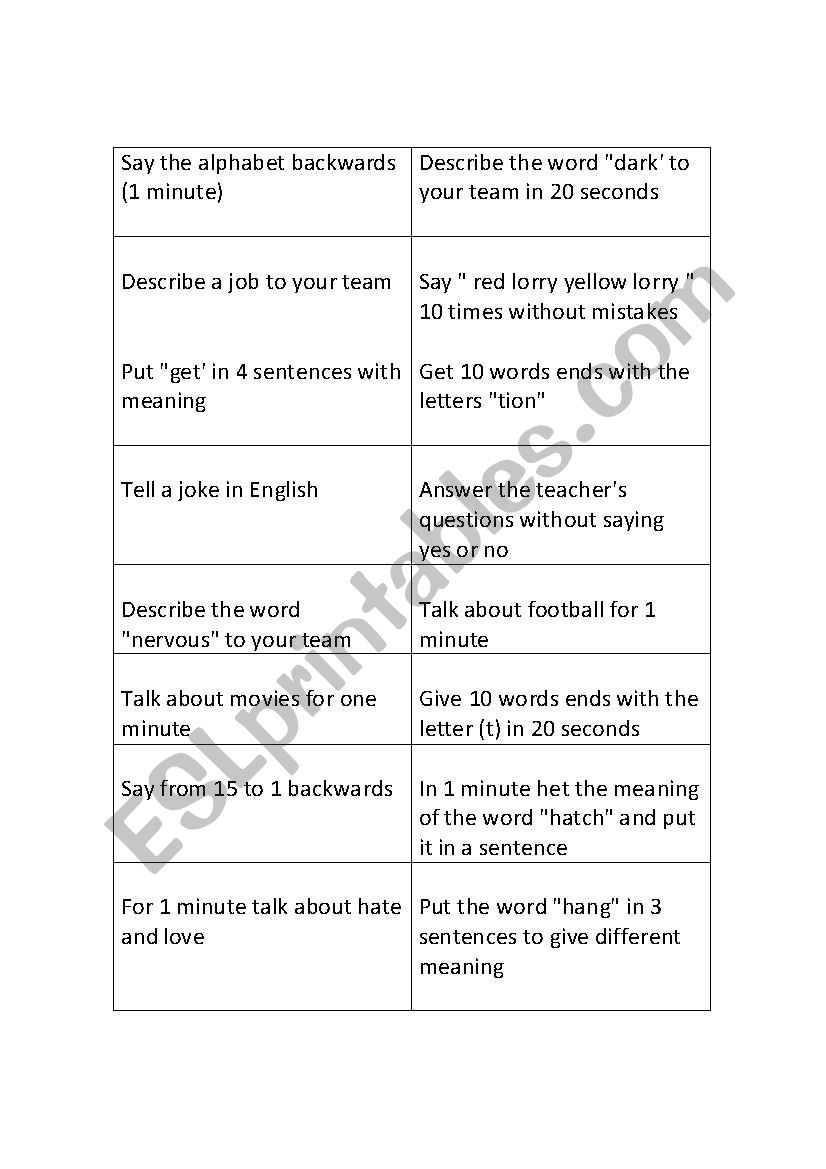 speaking game worksheet
