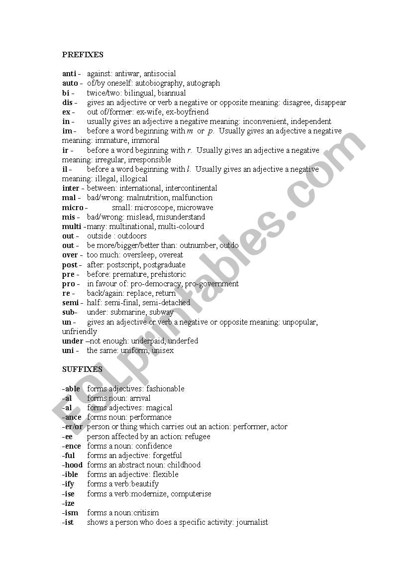 PREFIXES and SUFFIXES worksheet