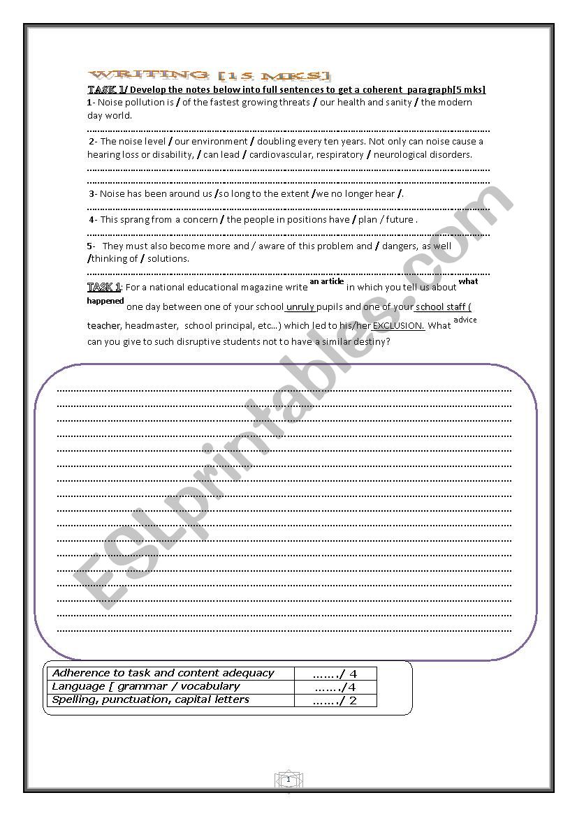 WRITING TASKS worksheet