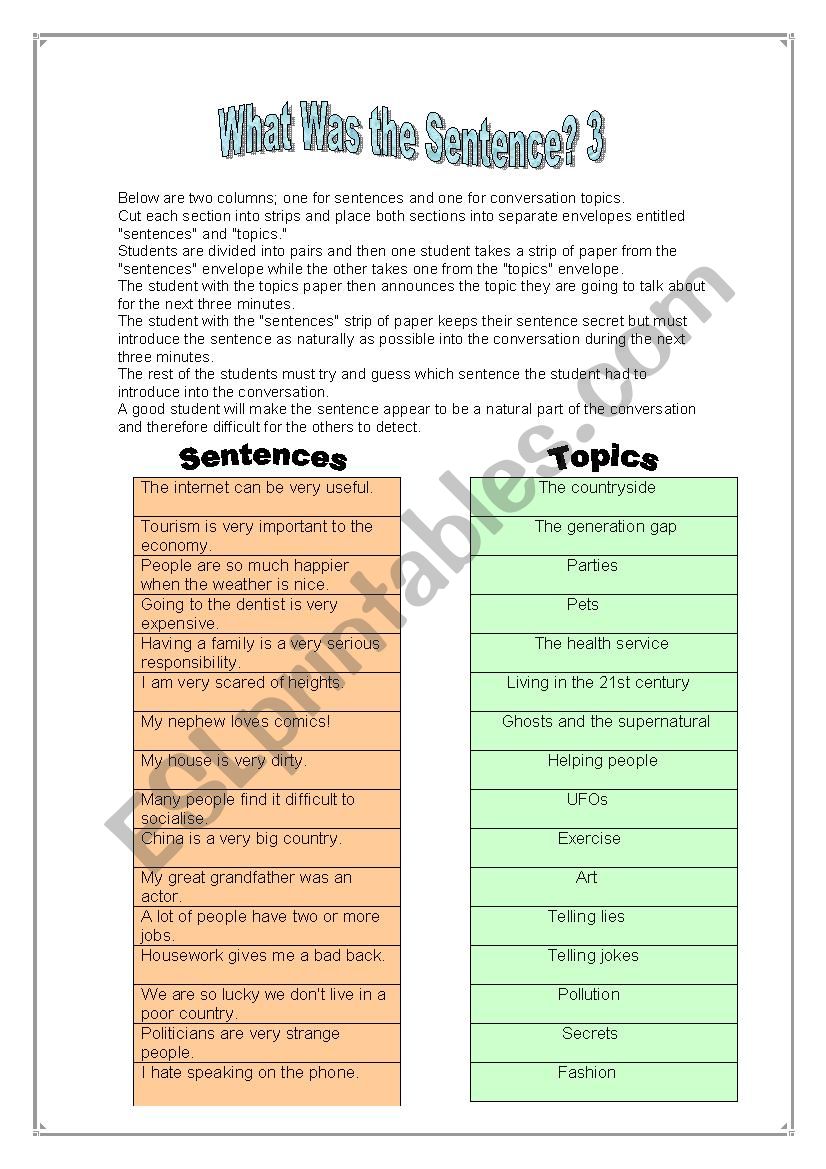 What was the Sentence? 3 worksheet