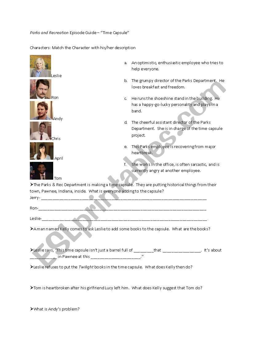 Parks And Rec Episode Guide Time Capsule Esl Worksheet By Fortior