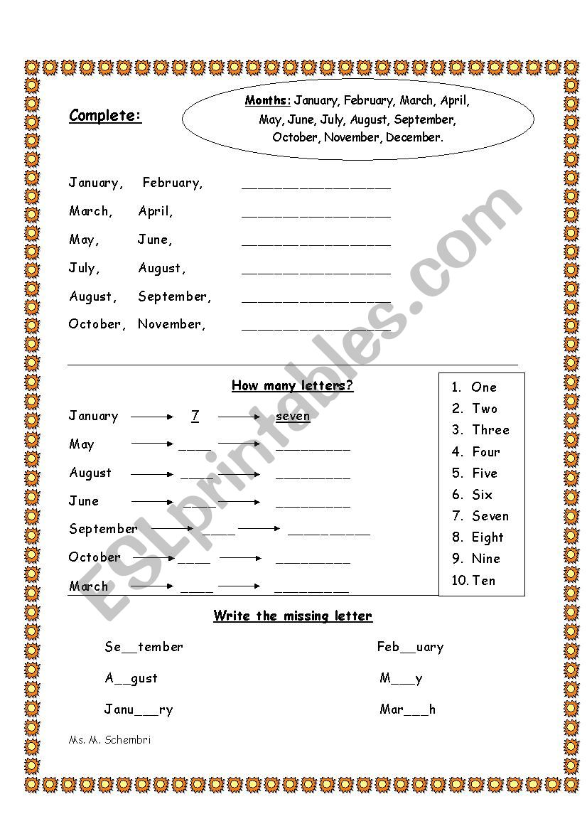Months and Number names worksheet