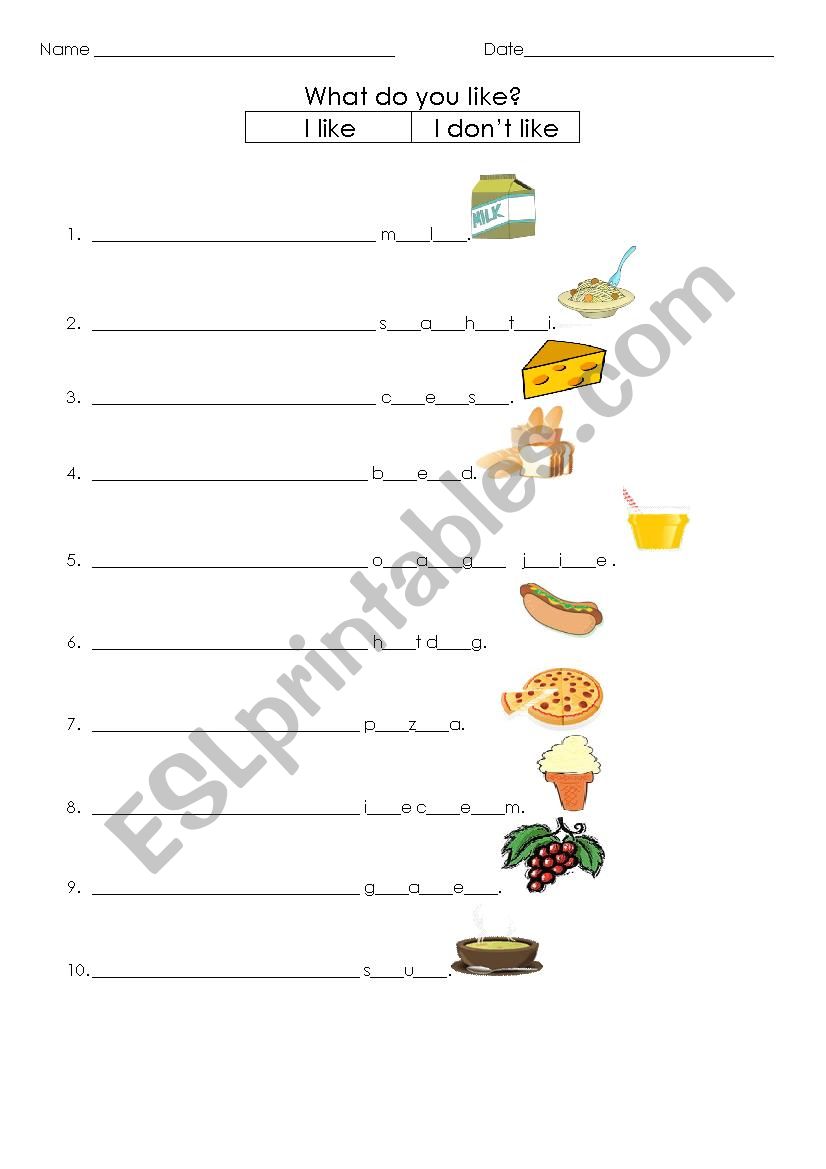 food likes and dont likes worksheet