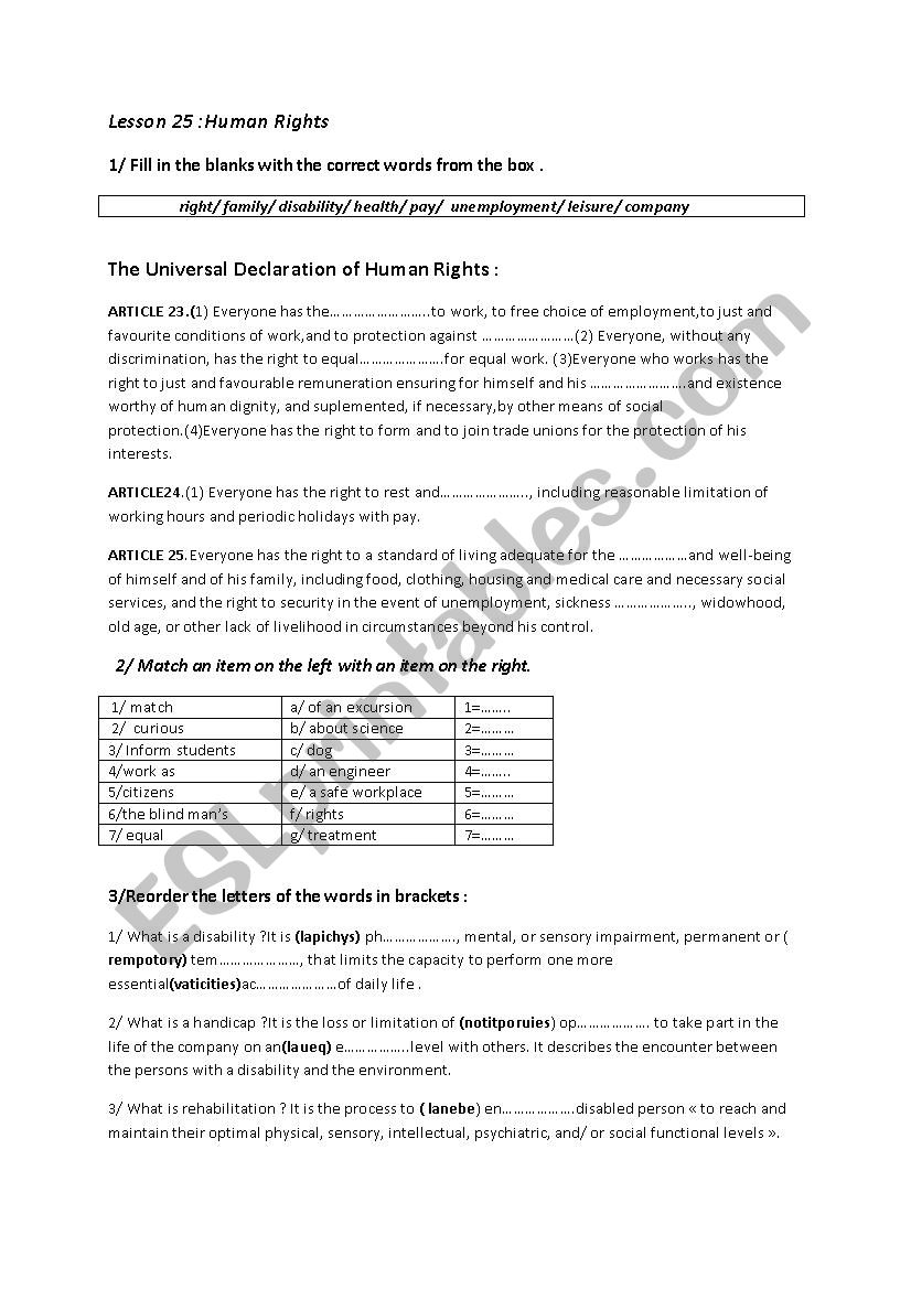 human rights - ESL worksheet by zizoukadi Pertaining To I Have Rights Worksheet