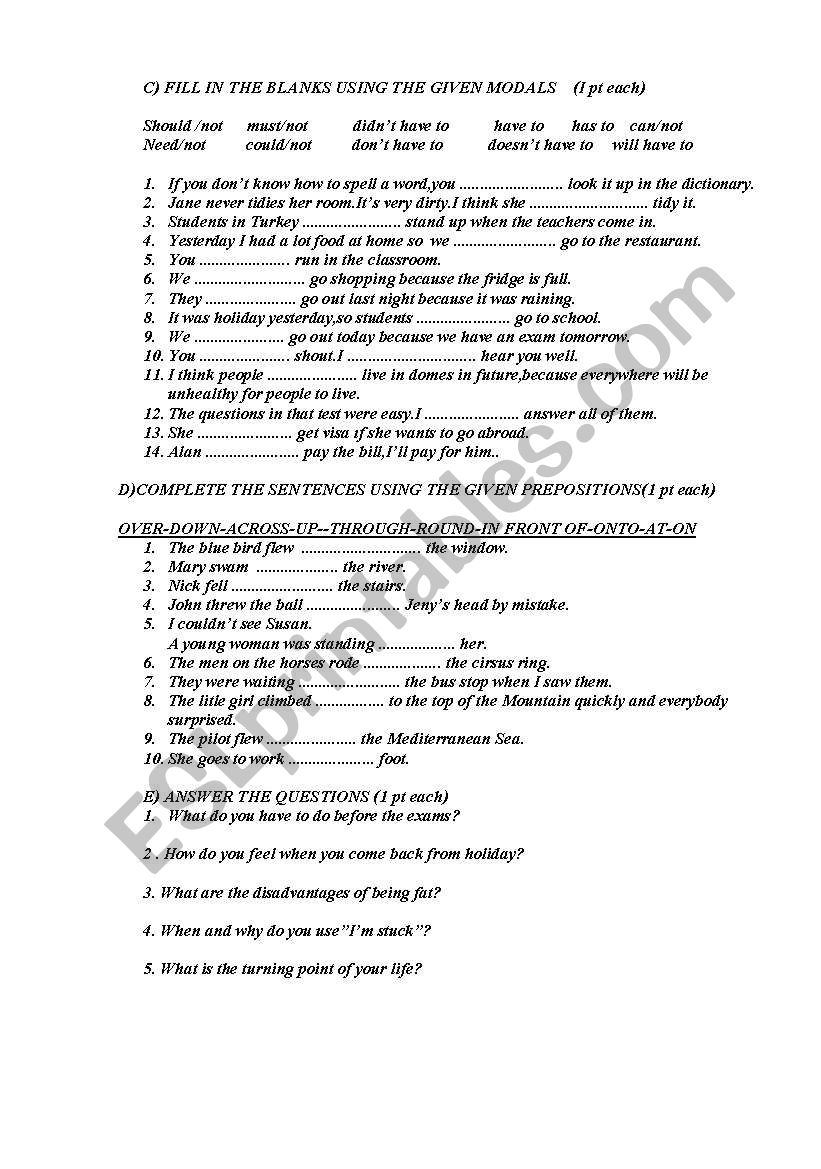 PREPOSITIONS,MODALS worksheet