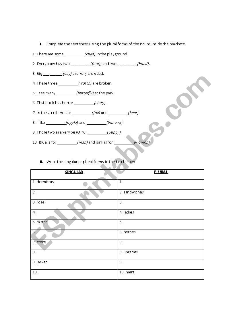 Plural and Singular Forms worksheet