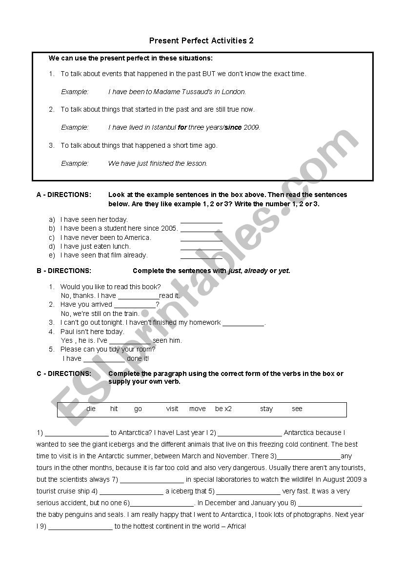 Present Perfect Activities 2 - A2