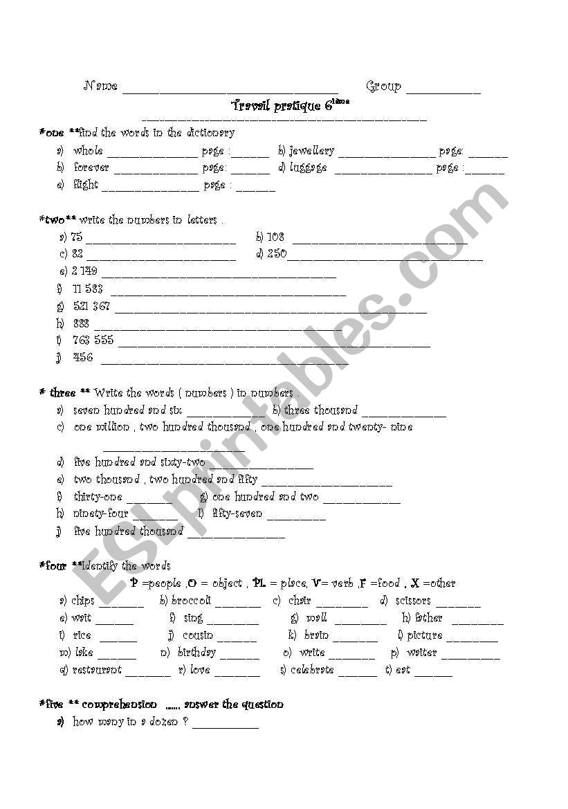 Worksheet - 6th grade               Travail pratique 