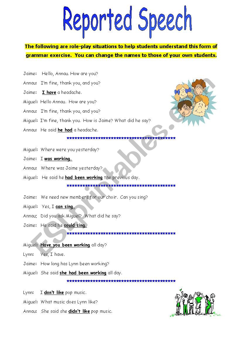 Reported Speech Role Play worksheet