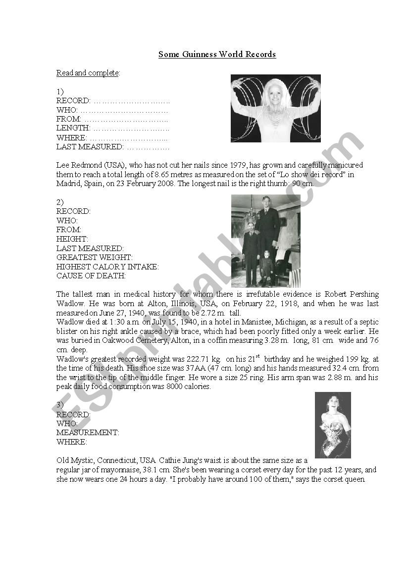 Guinness records  worksheet