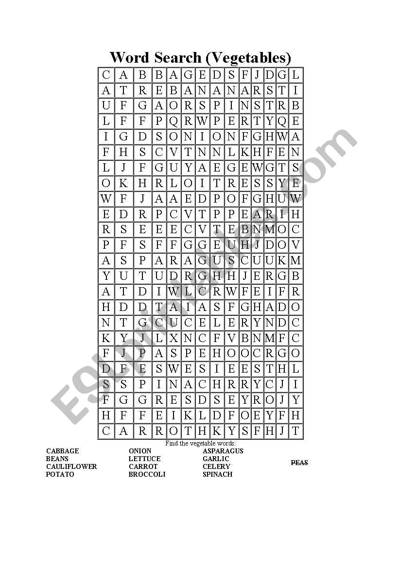Word Search Vegetables worksheet