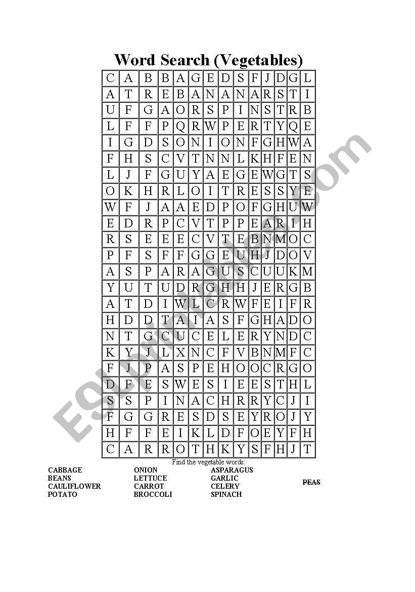 Word Search Vegetables worksheet